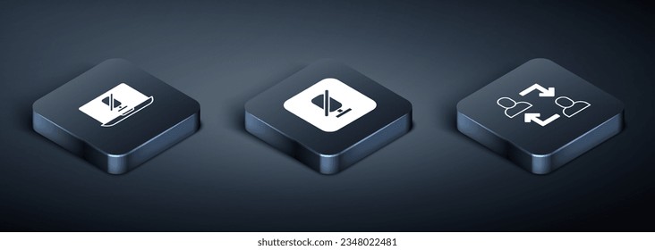 Set Isometric Mute microphone on laptop, Project team base and  icon. Vector