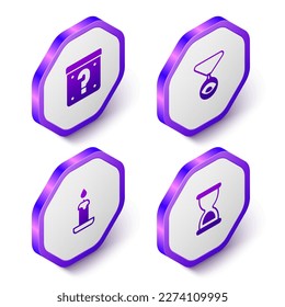 Set Isometric Mystery box, Medallion on chain with eye, Burning candle and Old hourglass icon. Purple hexagon button. Vector