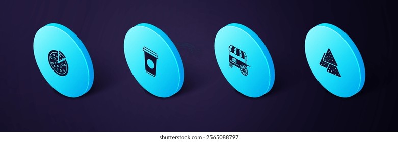 Set Isometric Nachos, Fast street food cart, Coffee cup and Pizza icon. Vector