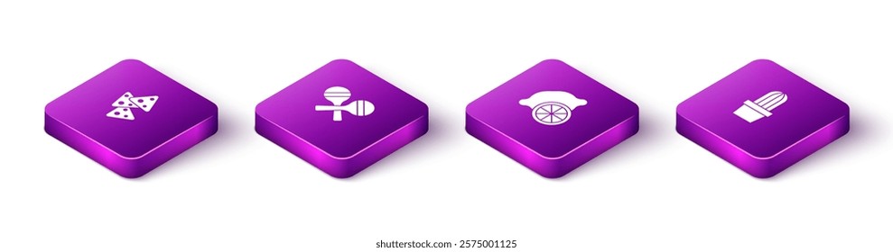 Set Isometric Nachos, Maracas, Lemon and Cactus or succulent in pot icon. Vector