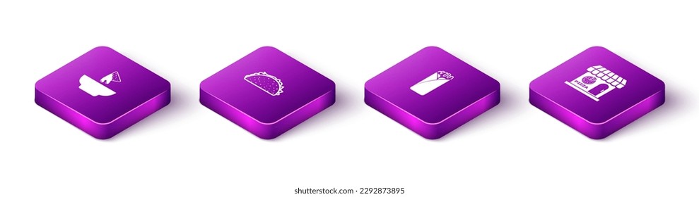 Set Isometric Nachos in plate, Taco with tortilla, Burrito and Pizzeria building facade icon. Vector