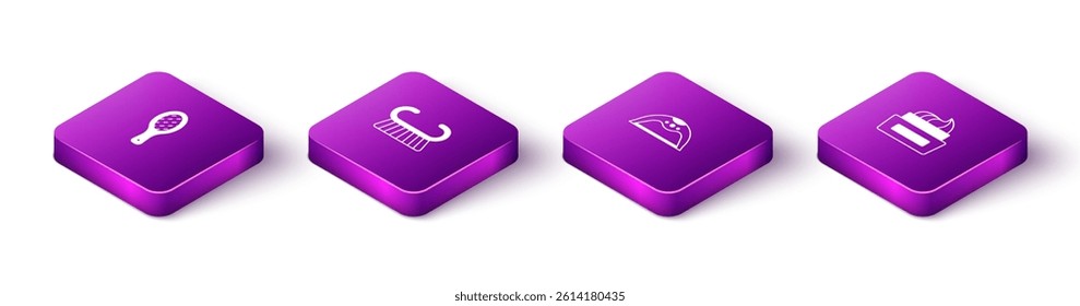 Set Isometric Nail file, Pedicure brush or grater, Manicure lamp and Bottle of nail polish icon. Vector
