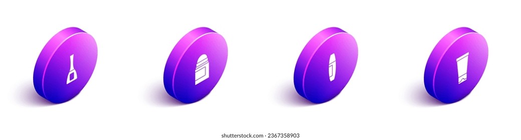 Set Isometric Nail polish bottle, Antiperspirant deodorant roll, Mascara brush and Cream lotion cosmetic tube icon. Vector