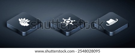 Set Isometric Native American Indian, Western cowboy hat and Hexagram sheriff icon. Vector