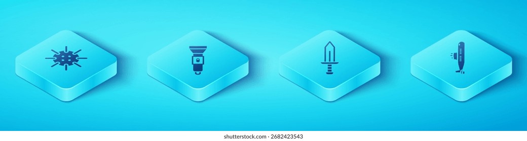 Set Isometric Naval mine, Flashlight, Submarine and Sword icon. Vector