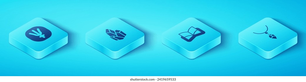 Establezca el planeta isométrico Neptuno, la piedra mágica, el collar con el cristal y el icono del libro mágico antiguo. Vector