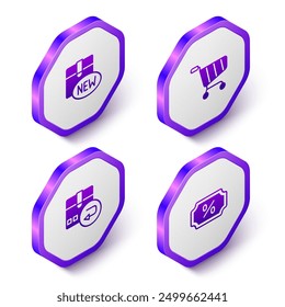 Set Isometric New collection, Shopping cart, Return cardboard box and Discount percent tag icon. Purple hexagon button. Vector