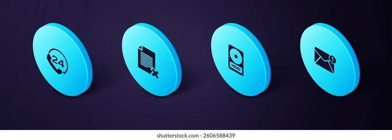 Set Isometric New, email incoming message, Hard disk drive HDD, Delete file document and Telephone 24 hours support icon. Vector