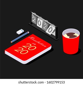 Set Isometric of New Year Flip Calendar, Book with Red Cover, Cup filled with Coffee, Pencil and Eraser. Create with Corel Draw Graphics Suite X7