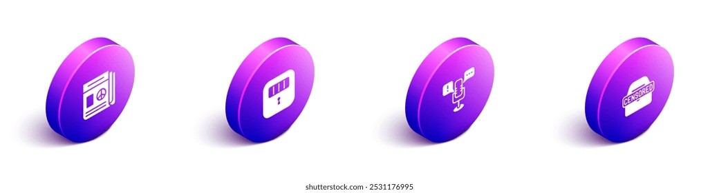 Set Isometric News, Prison cell door, Freedom of speech and Censored stamp icon. Vector