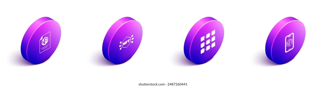 Set Isometric NFT contract, Digital crypto art, blockchain technology and Mobile with store app icon. Vector