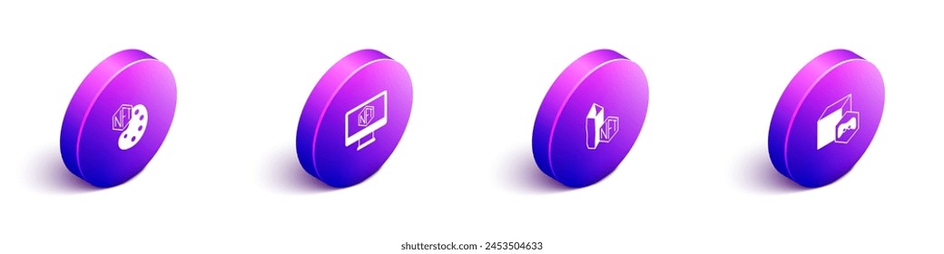 Set Isometric NFT Digital crypto art, Monitor with store app,  and  icon. Vector