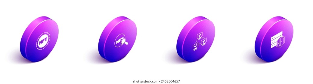 Set Isometric NFT Arte criptográfico digital, Búsqueda, tecnología blockchain e ícono. Vector