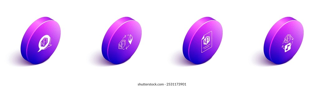 Set Isometric NFT Digital Crypto Art, Ethereum Austausch, Vertrag und Icon. Vektorgrafik