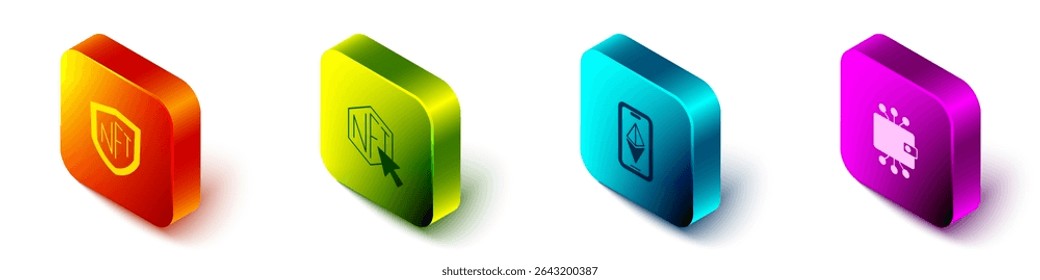 Set Isometric NFT shield, Digital crypto art, Ethereum ETH and Cryptocurrency wallet icon. Vector