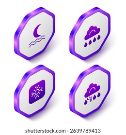 Set Isometric Night fog or smoke, Cloud with rain, Snowflake and and lightning icon. Purple hexagon button. Vector - Powered by Shutterstock - Get 15% off with code: PIKWIZARD15