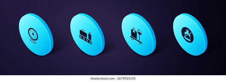 Set Isometric No alcohol, Scale with suitcase, Conveyor belt and Clock icon. Vector