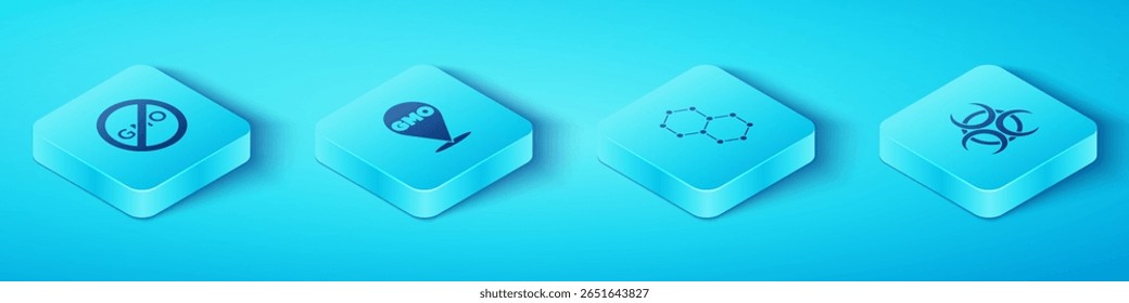 Set Isometric No GMO, , Biohazard symbol and Chemical formula icon. Vector