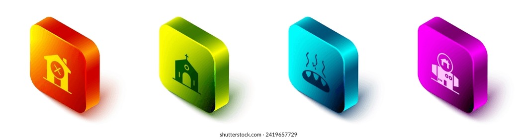 Set Isometric No house, Church building, Donation food and Homeless cardboard icon. Vector