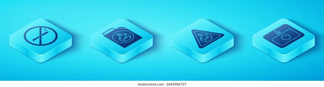 Set Isometric No Smoking, Canister for flammable liquids, Fire alarm system and Fire flame in triangle icon. Vector