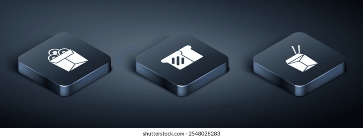 Set de fideos isométricos en caja, fideos asiáticos y palillos e icono de pan tostado. Vector