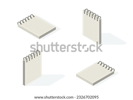 Set isometric notebook with lined paper. Opened sketchpad with blank white sheets of paper. illustrator vector.