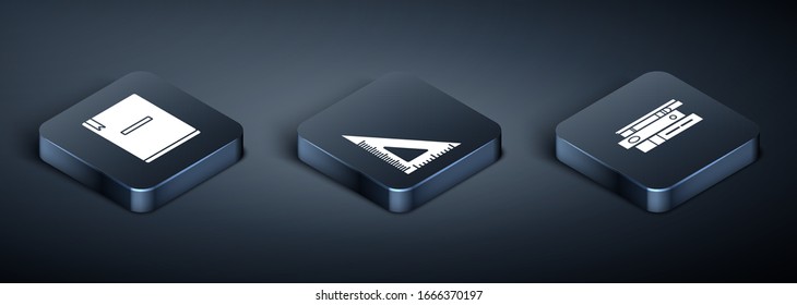 Set Isometric Notebook, Office folders with papers and documents and Triangular ruler icon. Vector