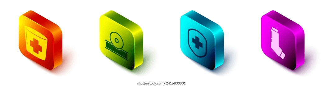 Set Isometric Nurse hat with cross, Otolaryngological head reflector, Medical shield with cross and Inhaler icon. Vector