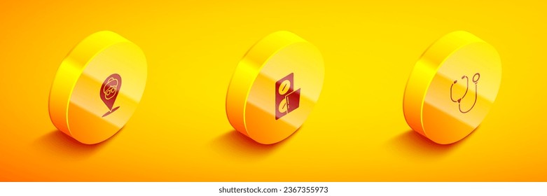Set Isometric Nursing home, Pills blister pack and Stethoscope icon. Vector