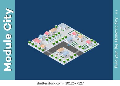 Set of isometric objects and elements for construction and constructing the urban area of the city infrastructure with transport, streets, houses and trees