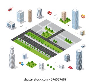 Set of isometric objects and elements for construction and constructing the urban area of the city infrastructure with transport, streets, houses and trees