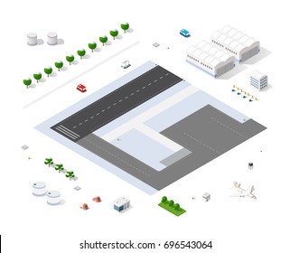 Set of isometric objects and elements for construction and constructing the urban area of the city airport infrastructure with transport, streets, houses and trees