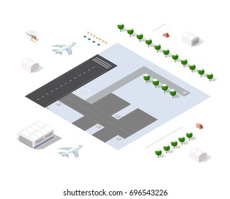 Set of isometric objects and elements for construction and constructing the urban area of the city airport infrastructure with transport, streets, houses and trees