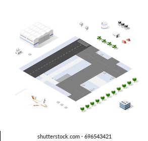 Set of isometric objects and elements for construction and constructing the urban area of the city airport infrastructure with transport, streets, houses and trees