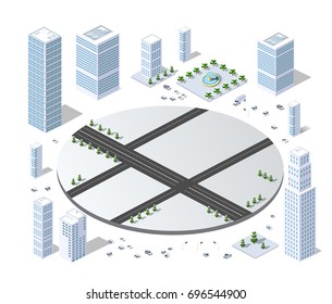 Set of isometric objects and elements for construction and constructing the urban area of the city infrastructure with transport, streets, houses and trees