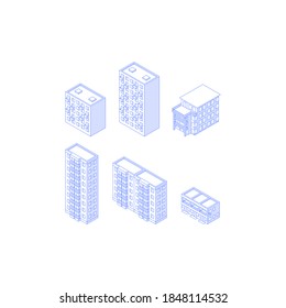 Set of isometric objects. Monochrome line art apartment houses collection. three-storey five-storey and nine-storey condos