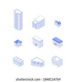 Set of isometric objects. Monochrome line art residential buildings collection. High-rise condo apartment houses cottages townhouses