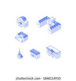 Set of isometric objects. Monochrome line art town buildings collection. Museum university sity hall cottages condos church