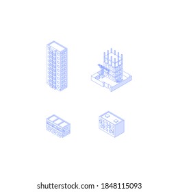 Set of isometric objects. Monochrome line art city buildings collection. Apartment houses high-rise condo construction site