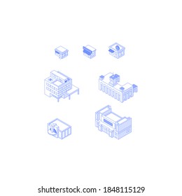 Set of isometric objects. Monochrome line art downtown buildings collection. Shops cafes hospital railway station theatre and cinema
