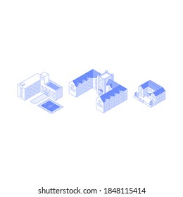 Set of isometric objects. Monochrome line art educational institution buildings collection. School college university kindergarten
