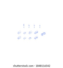 Set Of Isometric Objects. Monochrome Line Art Transport Elements Collection. Cars Minibusses Trucks Fire Car Police Car Ambulance