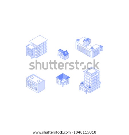 Set of isometric objects. Monochrome line art city buildings collection. Apartment houses cottages railway station office building