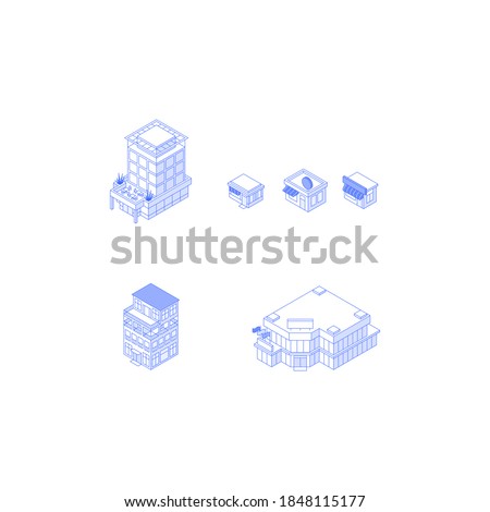 Set of isometric objects. Monochrome line art city buildings collection. Hotel theatre office building mall shops cafes