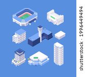 Set of isometric objects. Organic flat city buildings collection. Stadium, theatre, condo, airport, hotel, office building, mall, high-rise, apartment house