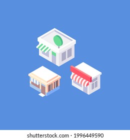 Set of isometric objects. Organic flat small business buildings collection. Shops, cafes, diners