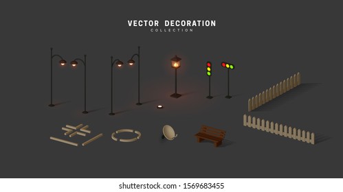 Set of isometric objects, street lamps on poles shine, traffic lights, fence and bench vector illustration