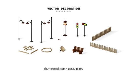 Set of isometric objects, street lamps on poles shine, traffic lights, fence and bench vector illustration