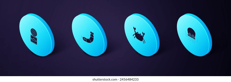 Set Isometric Octopus, Crab, Shrimp and Canned fish icon. Vector