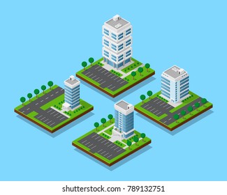 Set of isometric office buildings with trees, skyscraper apartment and office buildings with street roads and parkigs, icons set, ifographic elements for city map creation